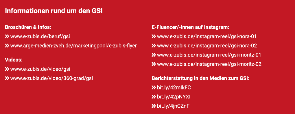 Informationen rund um den GSI Brosch ren & Infos: ￼ www.e zubis.de/beruf/gsi ￼ www.arge medien zveh.de/marketingpool/...