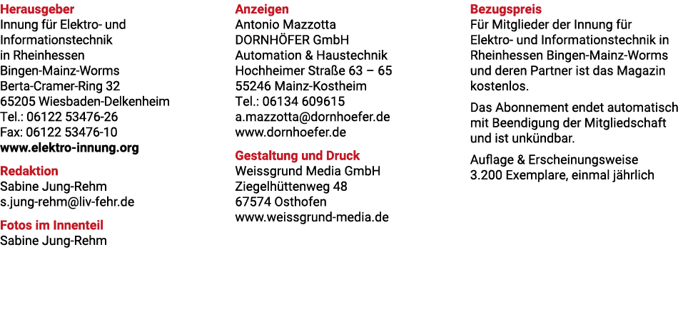 Herausgeber Innung f r Elektro und Informationstechnik in Rheinhessen Bingen Mainz Worms Berta Cramer Ring 32 65205 W...