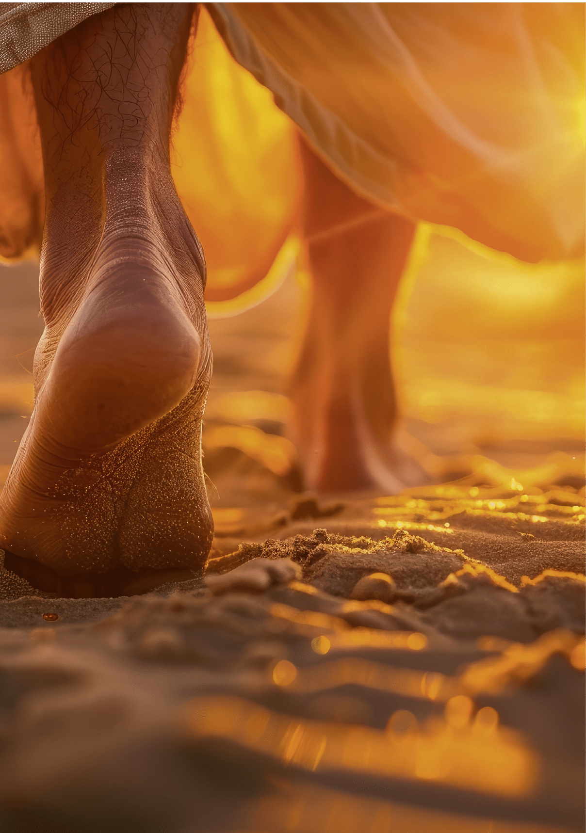 Close up low angle view of Jesus feet walking on sand