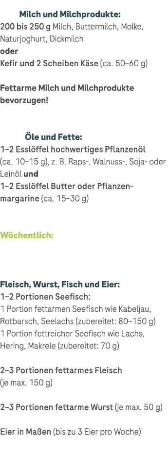 Milch und Milchprodukte: 200 bis 250 g Milch, Buttermilch, Molke, ­Naturjoghurt, Dickmilch oder Kefir und 2 Scheiben ...