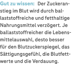 Gut zu wissen: Der Zuckeranstieg im Blut wird durch ballaststoffreiche und fetthaltige Nahrungsmittel verz gert. Je b...