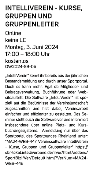 IntelliVerein Kurse, Gruppen und Gruppenleiter Online keine LE Montag, 3. Juni 2024 17:00 – 18:00 Uhr kostenlos OW202...