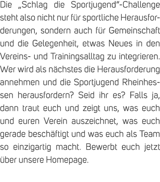 Die „Schlag die Sportjugend“ Challenge steht also nicht nur f r sportliche Herausforderungen, sondern auch f r Gemein...