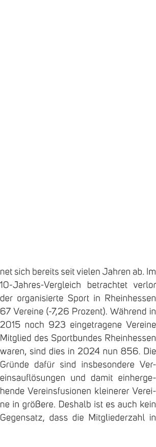 net sich bereits seit vielen Jahren ab. Im 10 Jahres Vergleich betrachtet verlor der organisierte Sport in Rheinhesse...