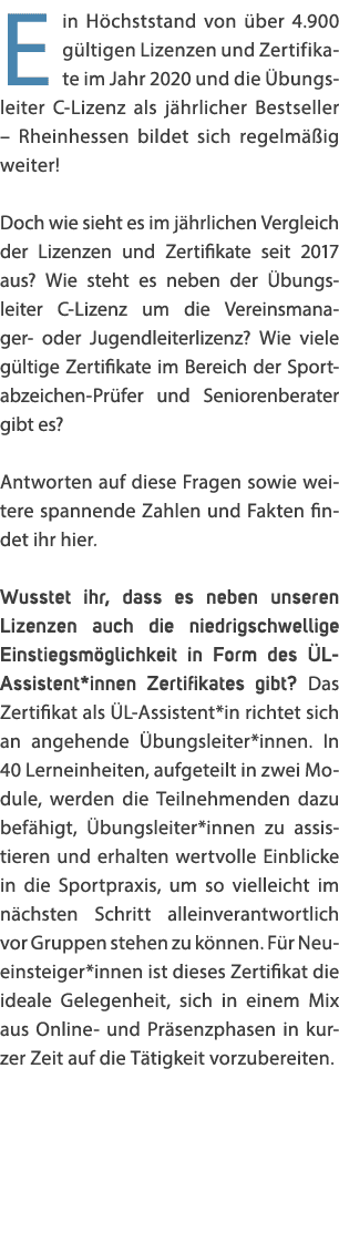 Ein H chststand von ber 4.900 g ltigen Lizenzen und Zertifikate im Jahr 2020 und die  bungsleiter C Lizenz als j hrl...