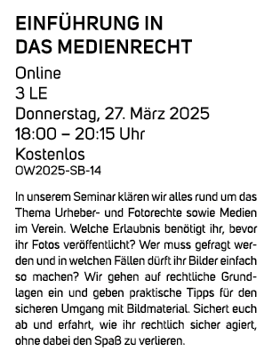 Einf hrung in das Medienrecht Online 3 LE Donnerstag, 27. M rz 2025 18:00 – 20:15 Uhr Kostenlos OW2025 SB 14 In unser...