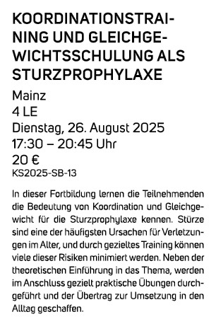 Koordinationstraining und Gleichgewichtsschulung als Sturzprophylaxe Mainz 4 LE Dienstag, 26. August 2025 17:30 – 20:...