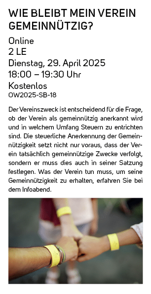 Wie bleibt mein Verein gemeinn tzig? Online 2 LE Dienstag, 29. April 2025 18:00 – 19:30 Uhr Kostenlos OW2025 SB 18 De...