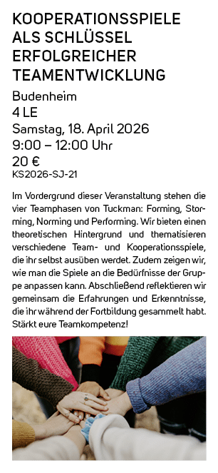 Kooperationsspiele als Schl ssel erfolgreicher Teamentwicklung Budenheim 4 LE Samstag, 18. April 2026 9:00 – 12:00 Uh...