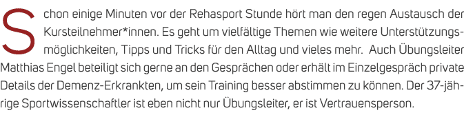 Schon einige Minuten vor der Rehasport Stunde h rt man den regen Austausch der Kursteilnehmer*innen. Es geht um vielf...
